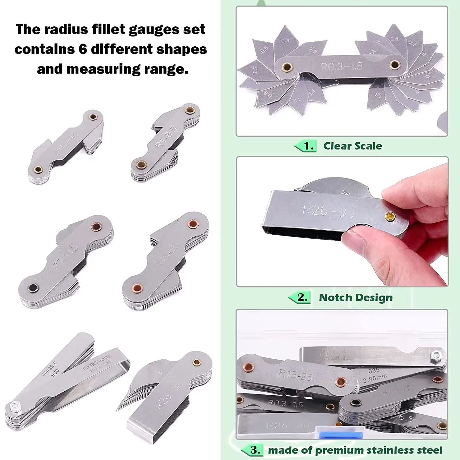 6 Pcs Stainless Steel Radius Gauge with Feeler Gauge Set Arc Radius Fillet Gauge and 0.04-0.88mm Space Measure Tool