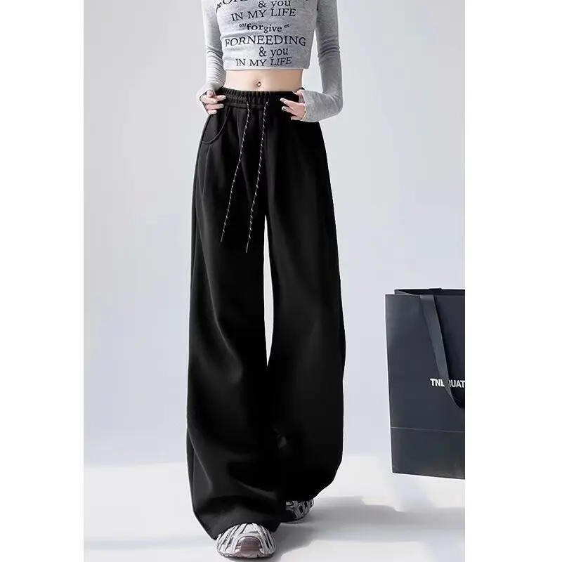 كسول نمط الأبيض السراويل واسعة الساق فضفاضة معلقة السراويل النسائية الخريف عالية الخصر السراويل الساق المستقيمة الطابق طول السراويل لون