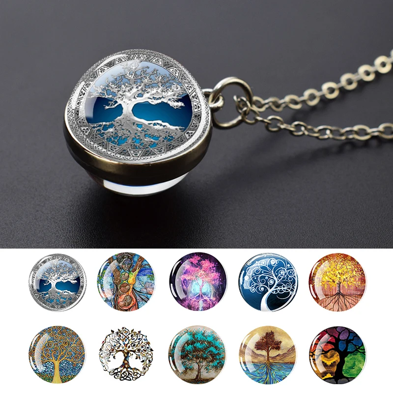 شجرة الحياة الفضة قلادة ملونة شجرة الحياة صورة فنية كرة زجاجية قلادة قلادة مجوهرات الأزياء الرجال النساء هدية #1