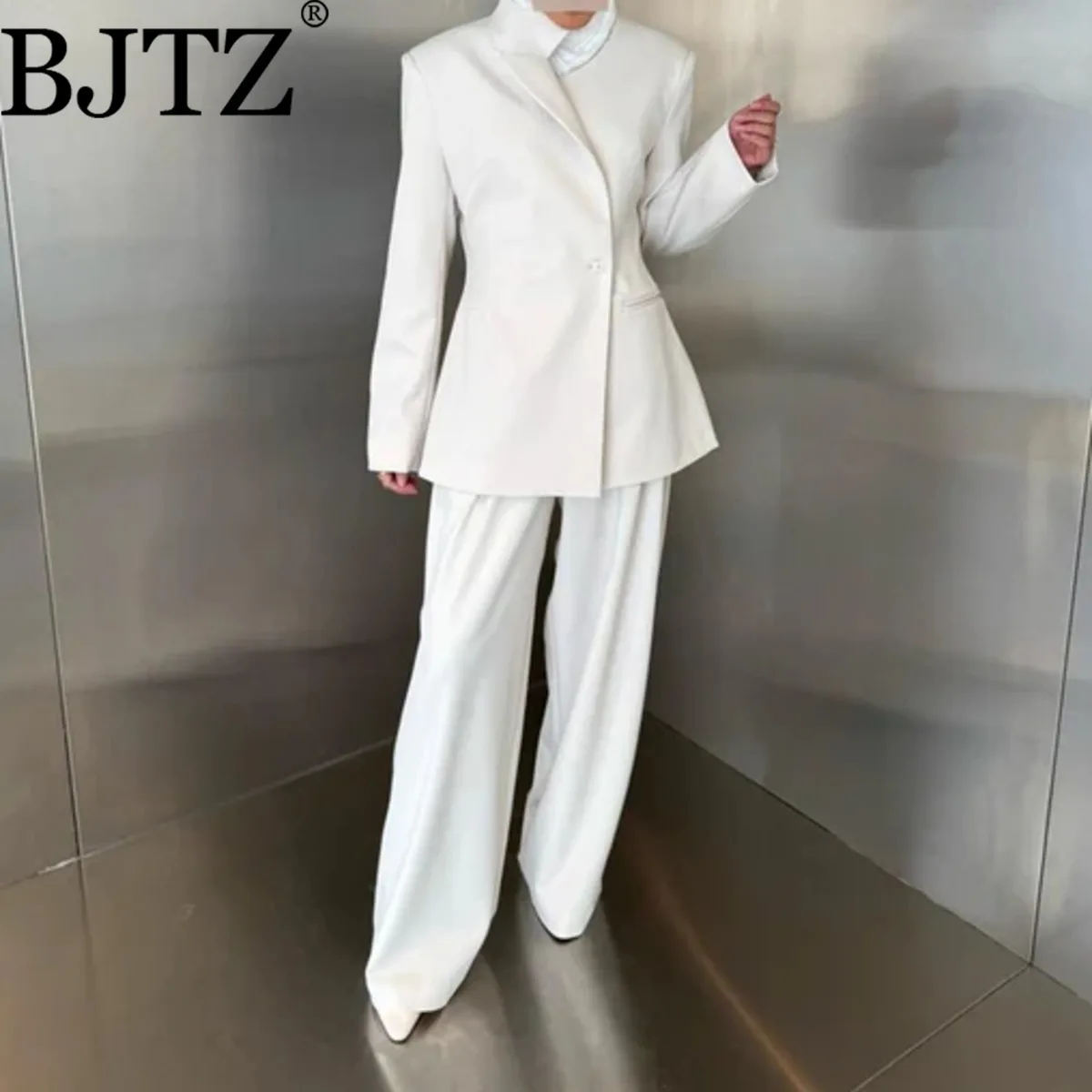 

BJTZ однотонный модный офисный женский пиджак, куртка и широкие брюки, комплект из двух предметов для женщин, весна-осень 2021, новый модный