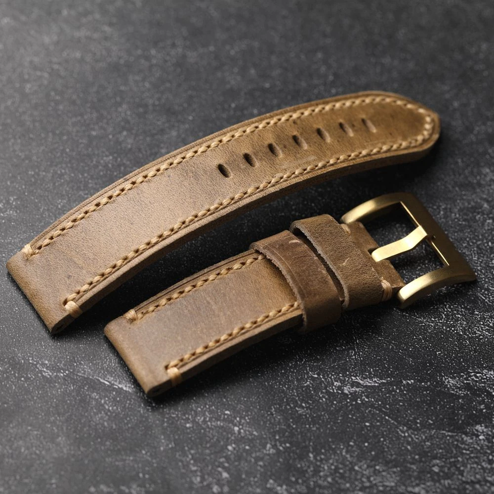 Handmade Head Layer Cowhide Leather Strap 20 22 24 26MM Bronze Buckle Retro Style Thickened Pure Copper Watch Accessories