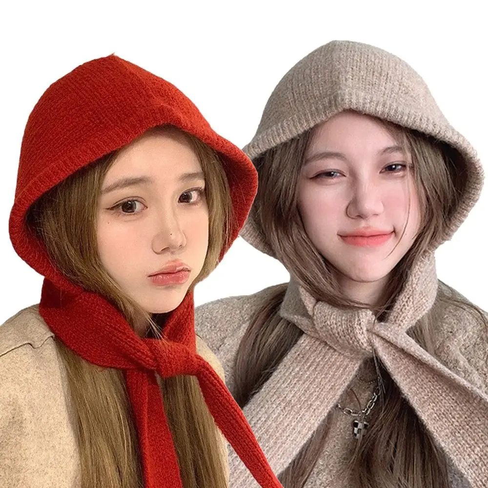 

Coldproof Knitted Balaclava Hat Thicken Warm Strap Bow Pullover Cap Windproof Ear Protection Hat Cold Weather