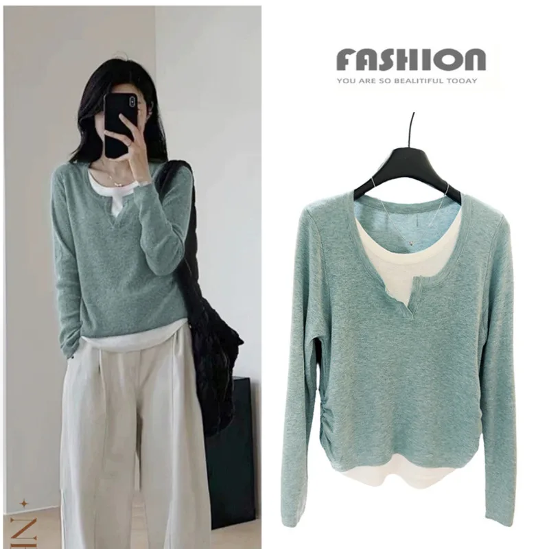 Sweater Casual Knitted Fashion Basic Pullovers Fake Two Pieces Long Sleeve Knitted Sweater Clothing  Spring Autumn