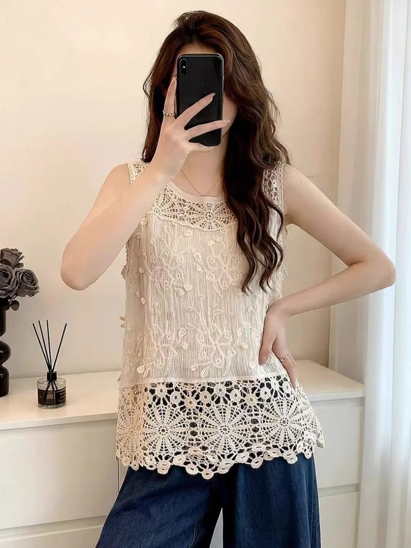 

French Style Lace Splicing Hollow out Summer New Women's plus Size Micro Fat MM 3D Embroidery Lace Vest Outerwear Tank Top