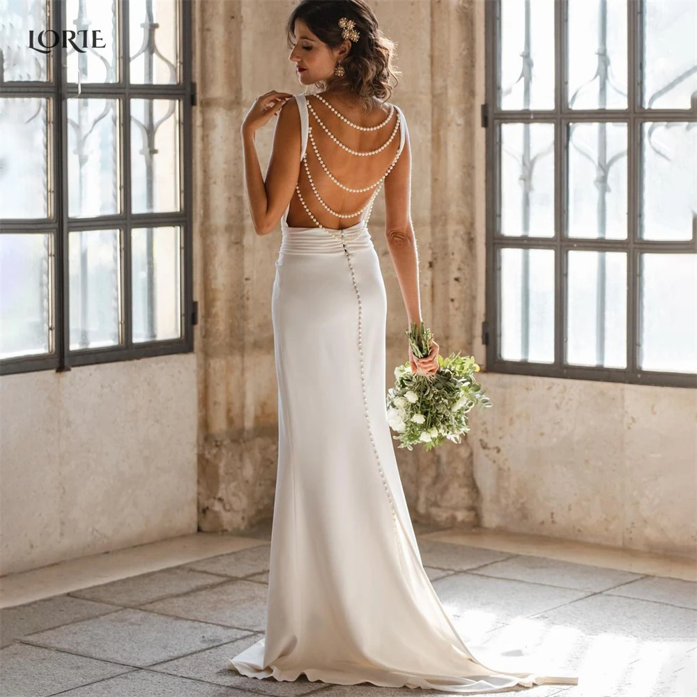 LORIE Solid Pearls Mermaid Wedding Dresses Elastic Satin Backless O-Neck Bridal Gowns Pleated Elegant Beach Prom Bride Dress