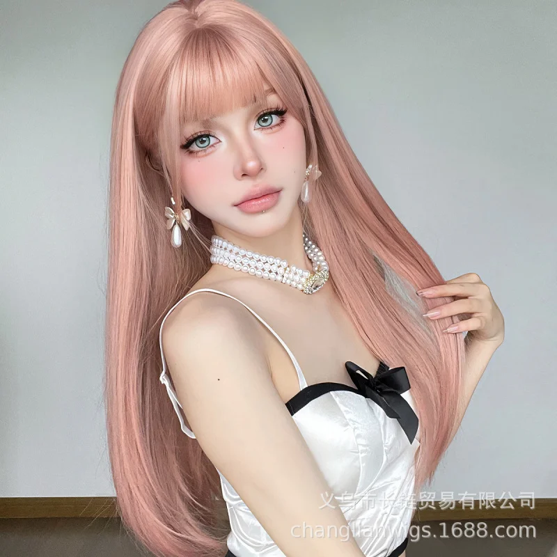 

Women's long straight hair wig with air bangs, rose pink, fashionable full headpiece, wholesale cos