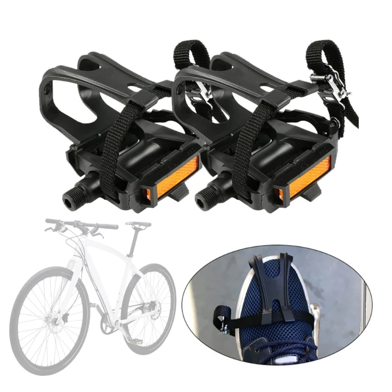 Bike Pedals with Straps and Toe Clip Bicycles Non-Slip Pedals for Exercise Bike, Spin Bike and Outdoor Bicycles