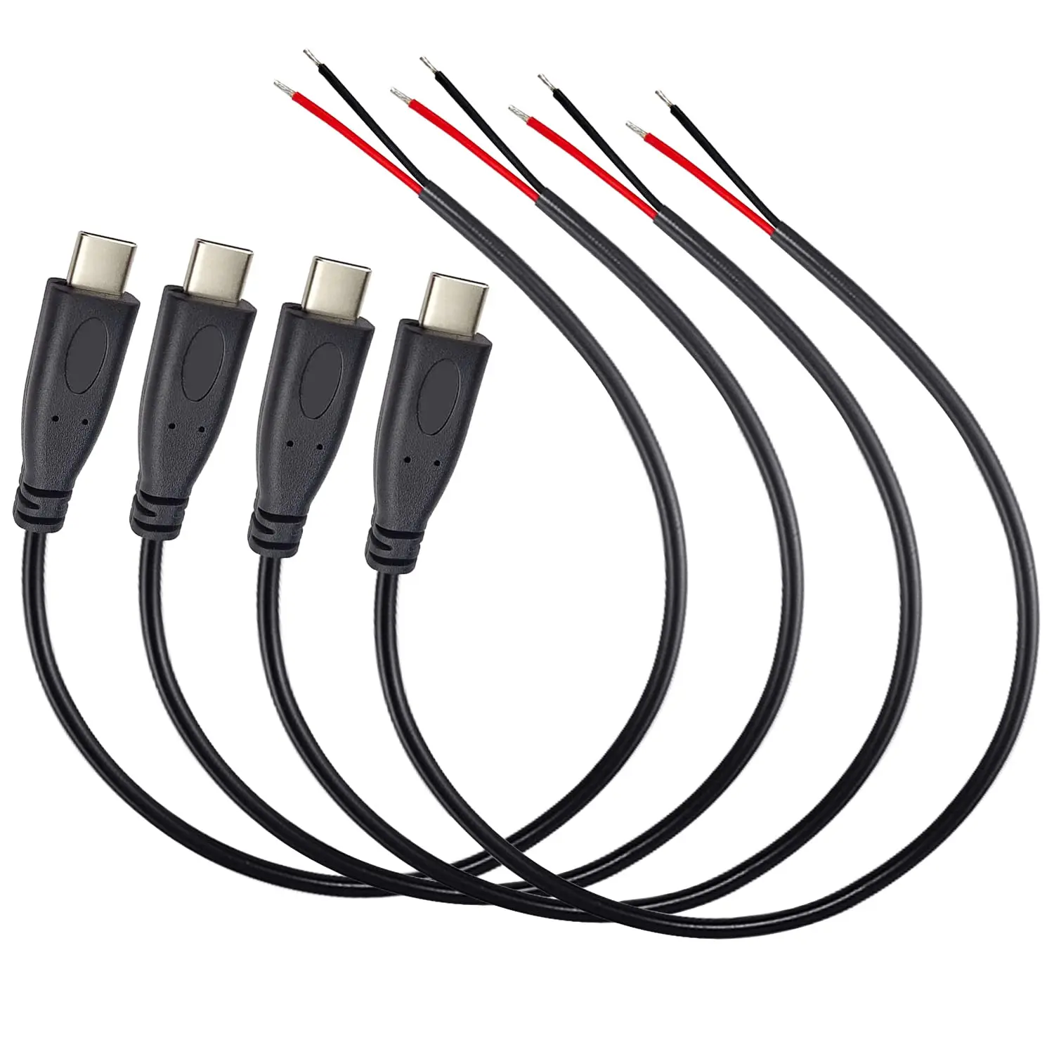 Cable USB C Pigtail de 2 núcleos, paquete de 4 enchufes macho USB 2,0 Cable de 2 pines Cable Pigtail DIY 5V 3A 22AWG Cable de alimentación USB C negro (9,8 pulgadas/25