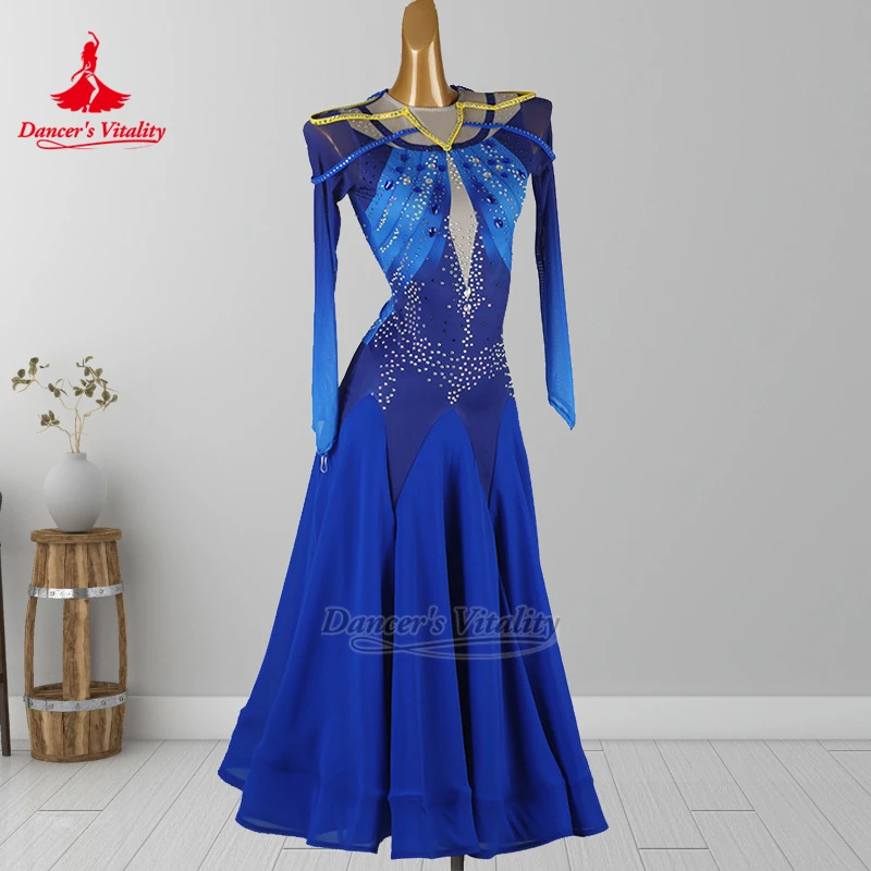 

Вальс Фокстрот синий градиент цвета платья с длинными рукавами для взрослых женщин одежда для выступлений, тренировок и конкурсов на заказ жизненность танцора