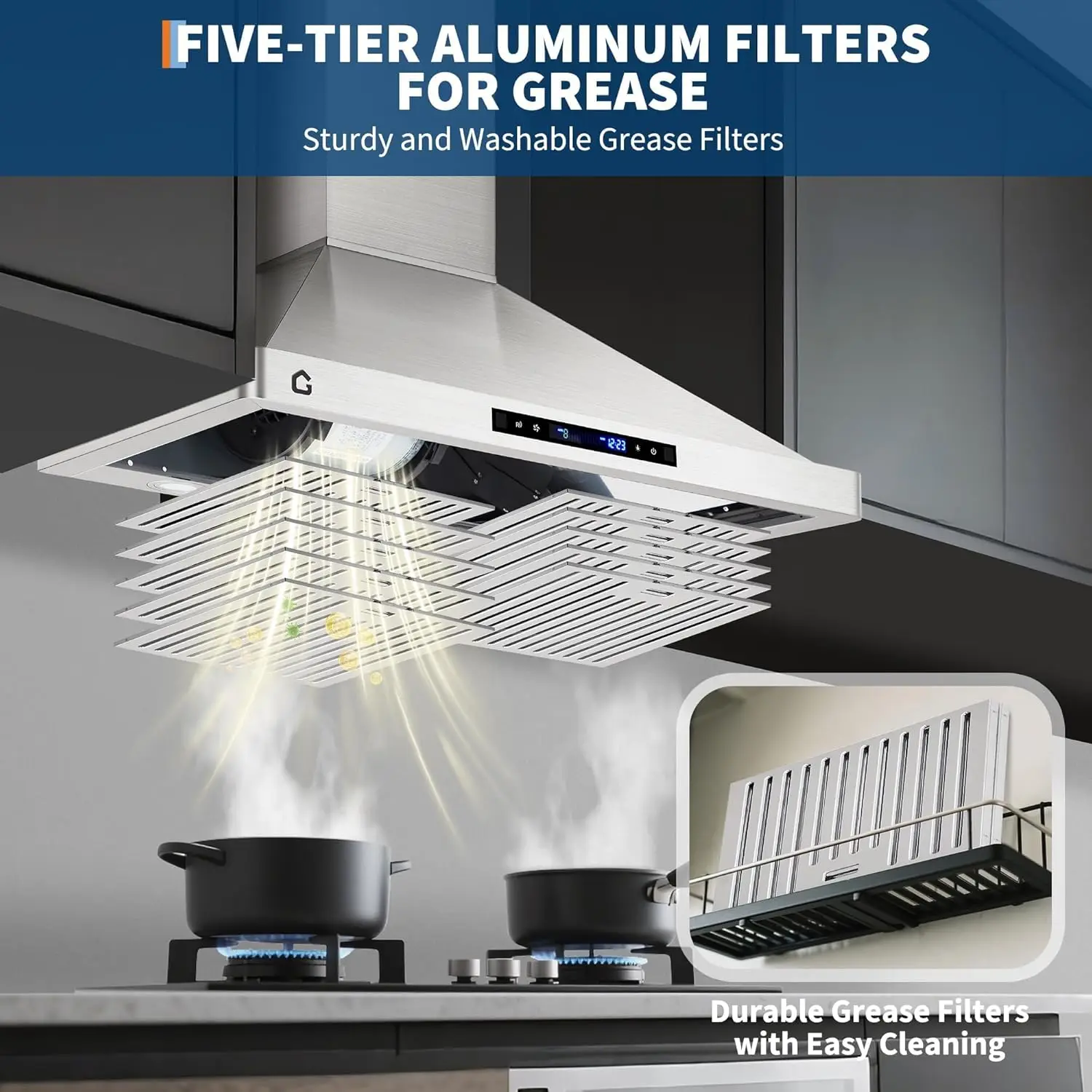 

Вытяжка кухонная 30 дюймов из нержавеющей стали, подшкафная, 450 CFM, с воздуховодом/без воздуховода, управление жестами и пультом ДУ, сенсорный экран, LED-подсветка