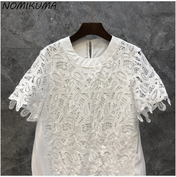 Nomikuma 2023 Summer New Lace Hollow-out Patchwork Shirts for Women Korean Causal Short Sleeve O-neck Graphic T Shirts