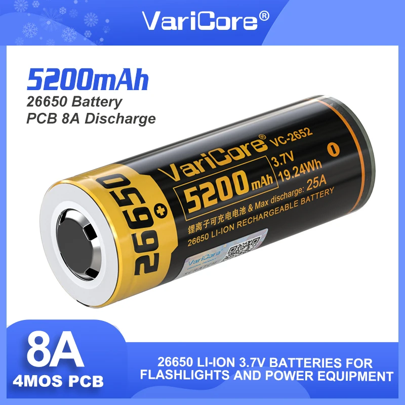 1-10 pces varicore VC-2652 26650 8a bateria de lítio recarregável 26650a 3.7v 5200ma adequado para lanterna (proteção pcb)
