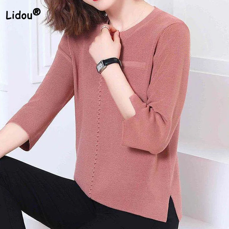 

Office Lady Solid Color Fashionable Short Knitted T-shirt Summer Elegant Simplicity 3/4 Sleeve Round Neck Tops Women's Clothing