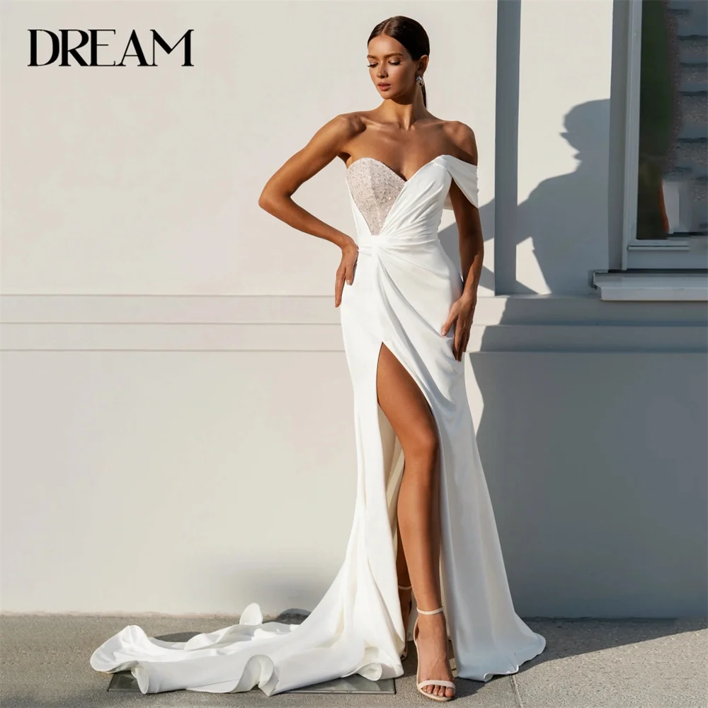 

DREAM Sexy Pleat V-Neck Off The Shoulder Mermaid Wedding Dress High Split Open Back 2025 Bridal Gown Vestido De Noiva Customized