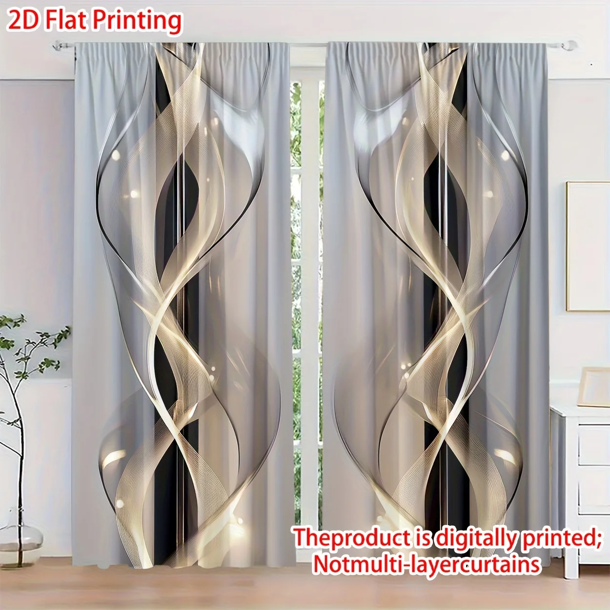 2PCS Digital Print Curtains, 2D Flat Non-Layered, Modern Minimalist