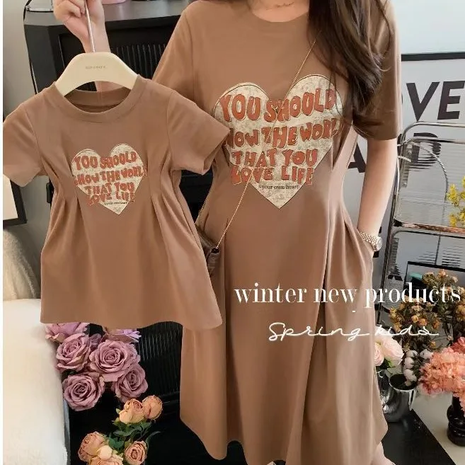 Short-sleeve Mother Daughter Dresses for Family Matching Clothes Outfits Summer Adult Kids Love Letter Print Waist Dress