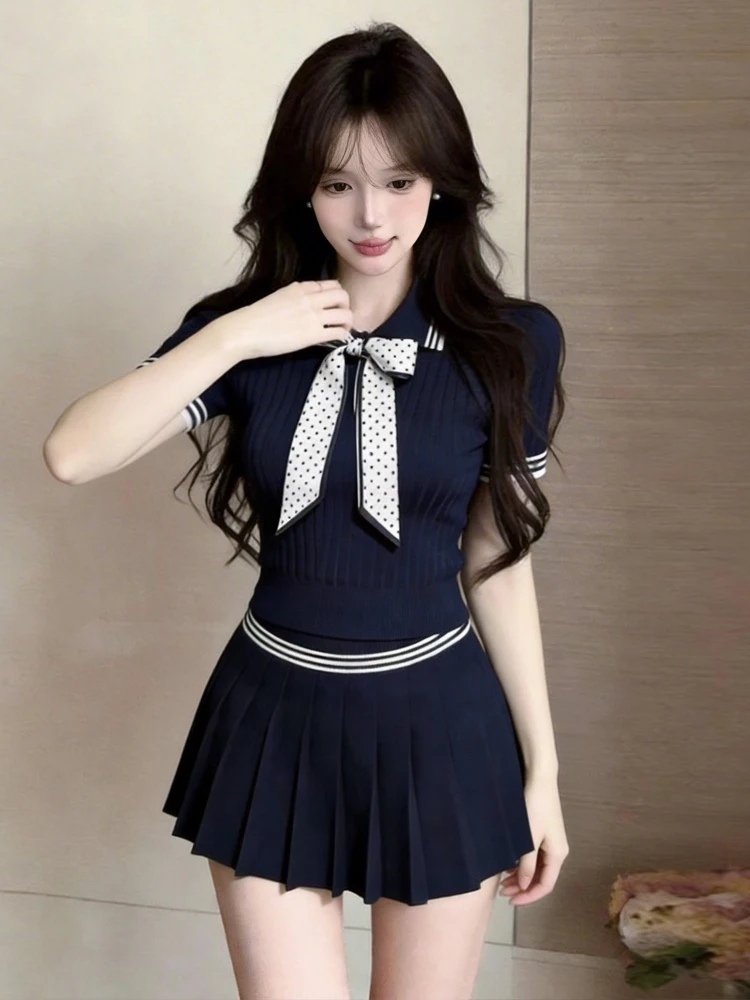 

Sexy Slim Fit Knitted Top with Bow Tie Half Skirt Set College Style Anti Aging Color Block Pleated Low Waist Spring Summer Au...