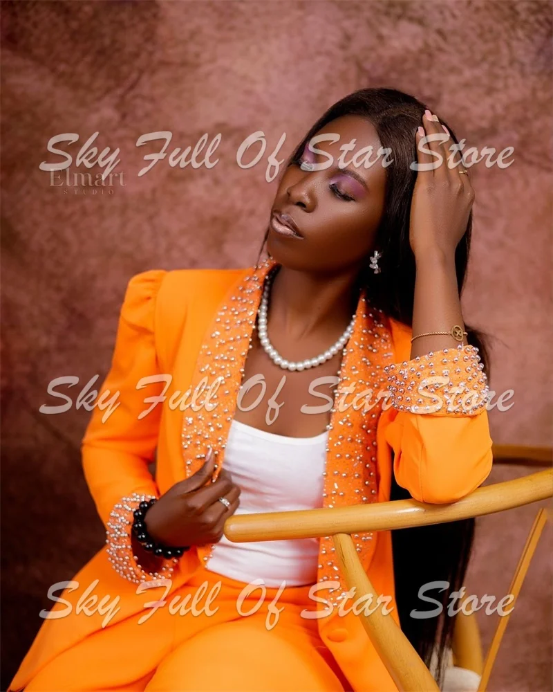 Orange Women Suit Set 2 Pcs Pearl Rhinestone Lapel Puff Blazer+Wide Leg Pants Custom Formal Graduation Evening Wedding Lady Coat