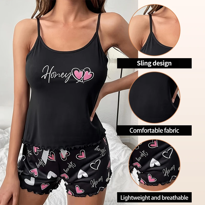 Women\'s Sleepwear Pyjama Set Black Comfortable Casual Print Short Sleeveless Pajamas Set Homewear