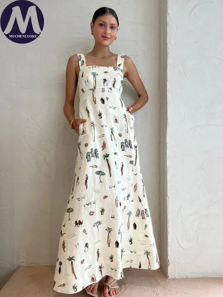 

Summer Graffiti Print Square Neck Sleeveless Camisole Dress for Women Casual Loose Fit Backless Lace-Up Fashionable Dress