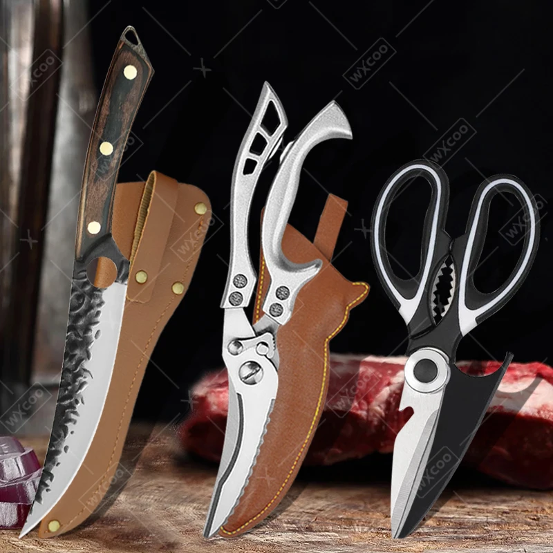 

WXCOO High Carbon Boning Knife Stainless Steel Forged Kitchen Knives Sharp Chef Knife Meat Cleaver Fruit Peeler Kitchen Scissor