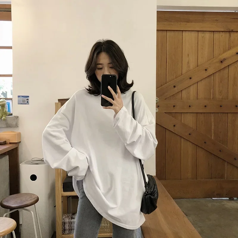 spring autumn Solid Simple oversized tshirt harajuku long T Shirt Women kawaii T-shirts  90s White yellow  Sleeve Tops