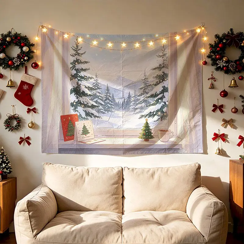 VIKAMA Christmas Window Village View Tapestry Wall Hanging, 6 Designs, Wall Decor for Bedroom Living Room Dorm