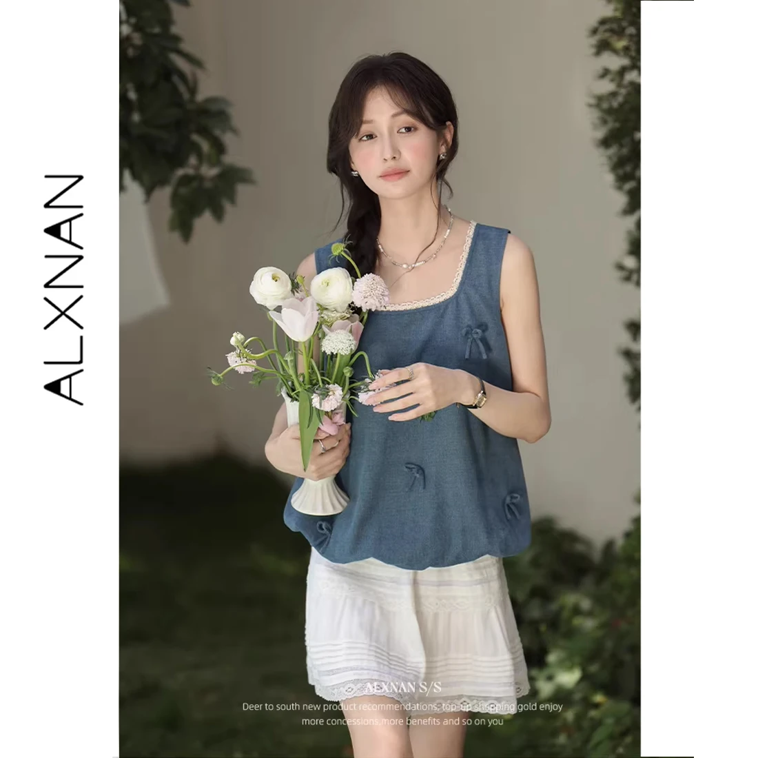ALXNAN Women's Summer Tank Tops 2026 Denim Blue Elegant 3D Bow Design Sleeveless Tops Sweet Loose Fit Cotton Tanks Female L53971