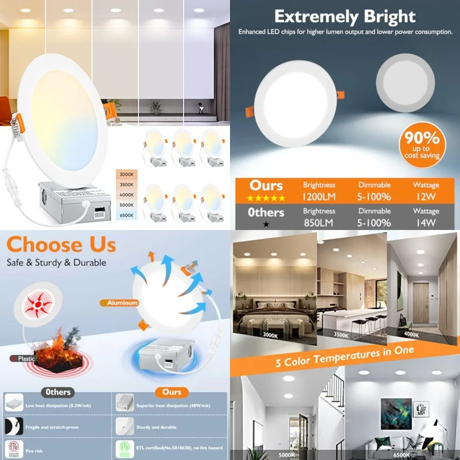 Packs 5CCT LED Recessed Ceiling Lights Ultra-Thin with Junction Box, W 150W Eqv, 3000K/3500K/000K/5000K/500K, 00LM Dimmable Can