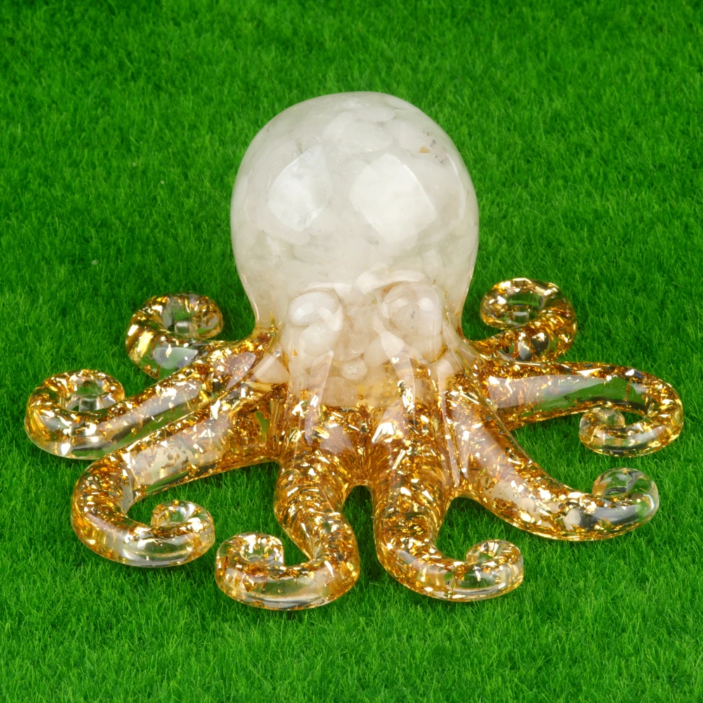 Natural Crystal Agate Stone, Crushed Stone, Adhesive Resin, Octopus, Squid Tabletop Landscape Ornaments, Home Crafts Daily Gifts
