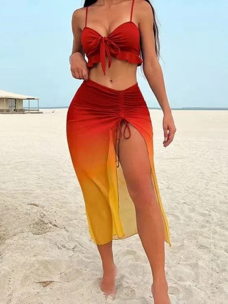 メッシュスカート付き3ピースビキニセット、セクシーなカバーアップ水着、女性用ビーチセット、サマースカート、ホリデースリングパンティースーツ、ビーチウェア