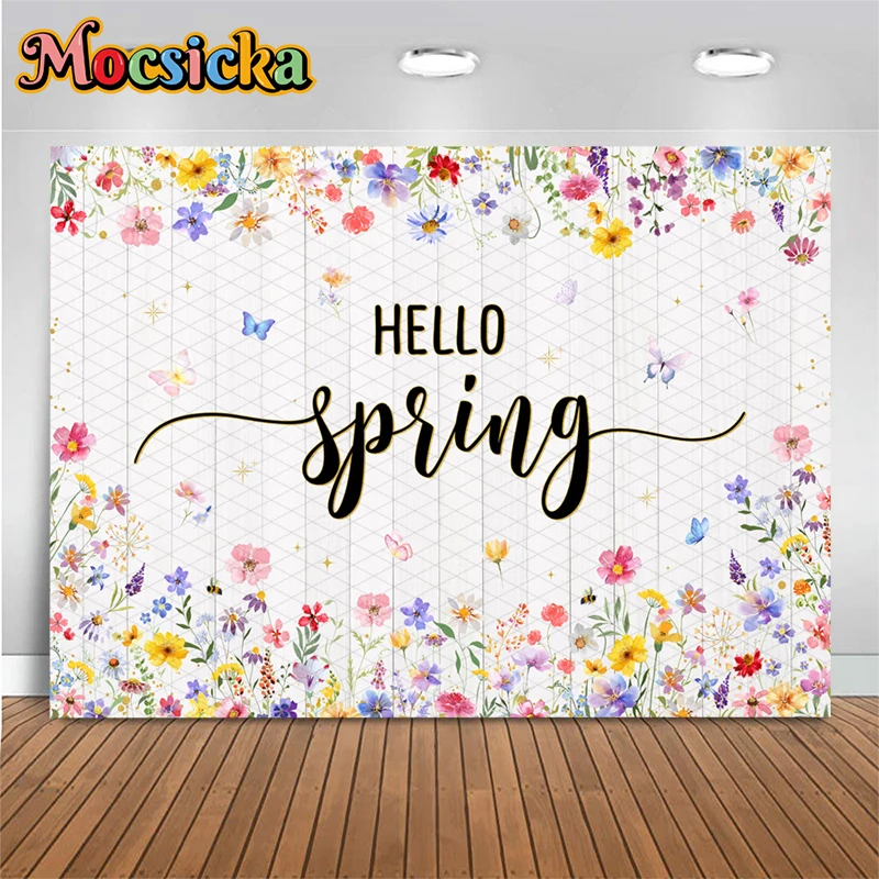 Mocsicka Hello Spring Photography Backdrop Watercolor Floral Butterfly White Wood Plank Background Cloth Party Decor Photo Booth