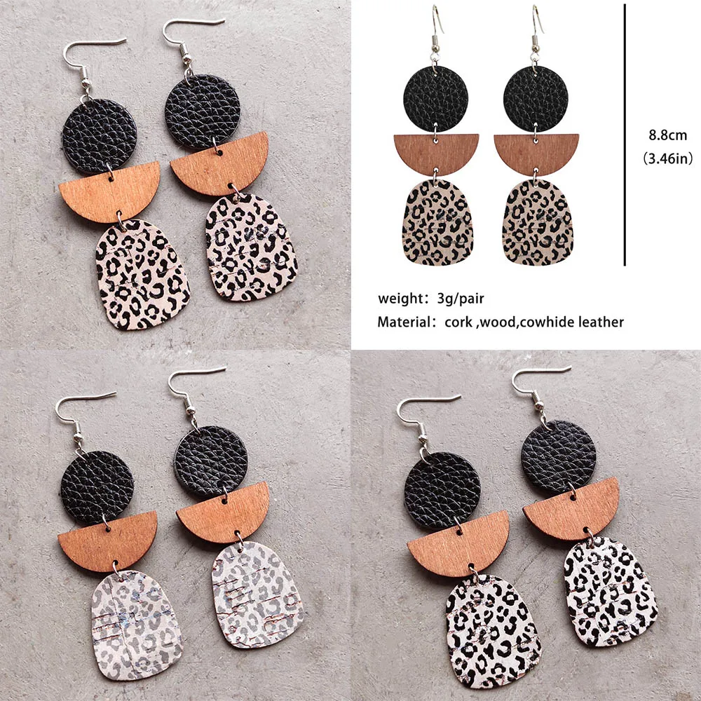 Retro Geometric Leather Cork and Wood Earrings for Women Boho Cork Leopard Pattern Bohemian Earrings Jewelry Friend Wife Gift