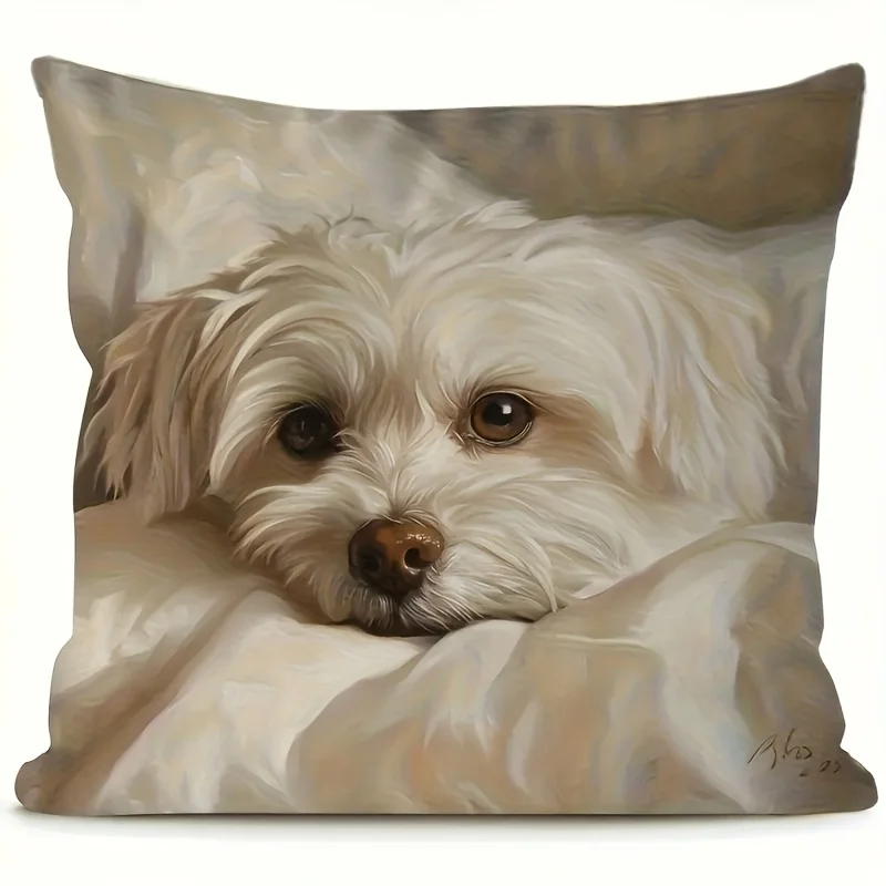 VIKAMA Maltese Dog Pillowcase | Beige and White Art Print, Soft Square Cushion Cover for Valentine's Day and Easter Celebrations