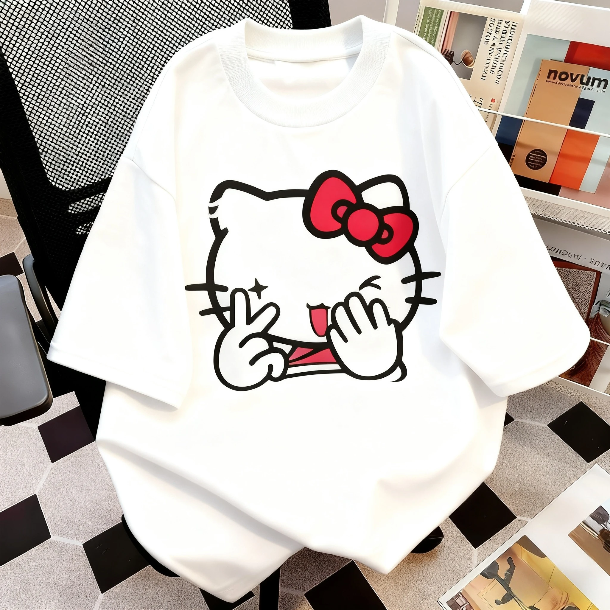 

New Hello Kitty Cat Cotton T-shirt Women's Fun Couple Cute Print Neutral Versatile Parent Child Fashion Harajuku+Children's Size