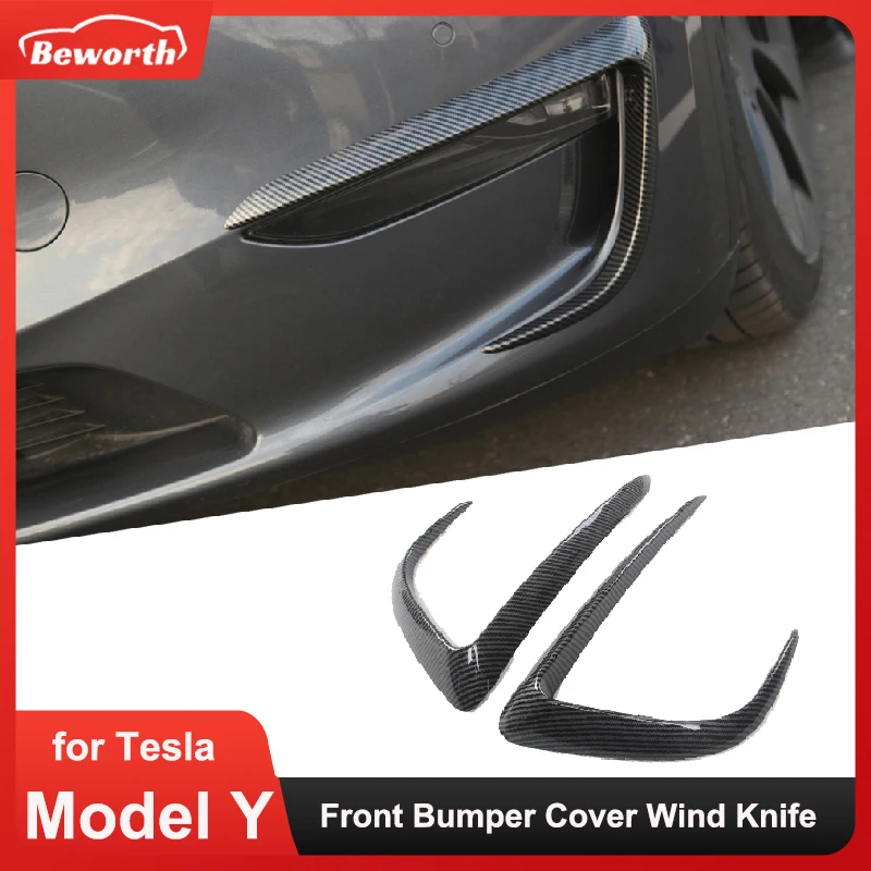 Front Fog Lamp Trim for Tesla Model Y Bumper Cover Wind Knife ABS Carbon Fiber Look Blade Trim Light Eyebrow Spoiler Decoration