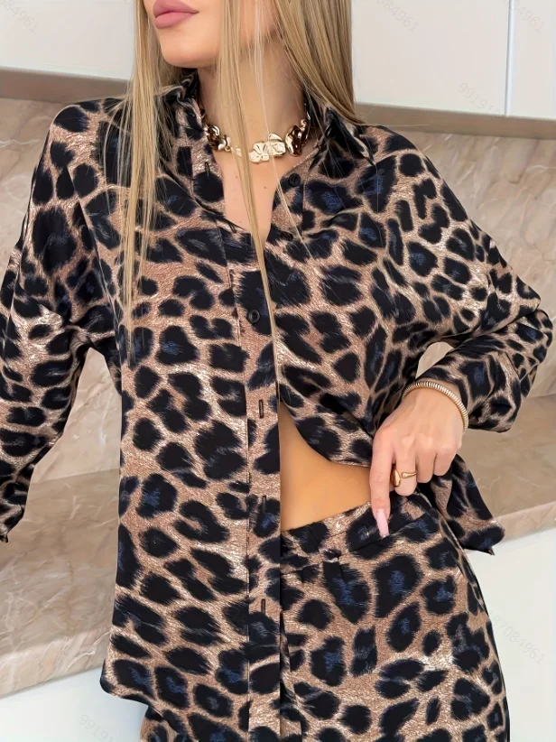 

Ladies Autumn Winter Leopard Print Long Sleeve Long Pants Button Elegant Fashion Casual Home Outdoor Wear