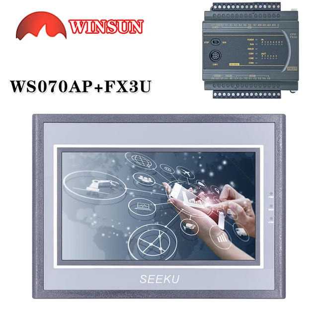 SeekU 7 cali WS-070AP HMI z wejściem analogowym FX3U 14/20/24/32/40/44/60 MR/MT PLC 0-20mA z dołączonym kablem