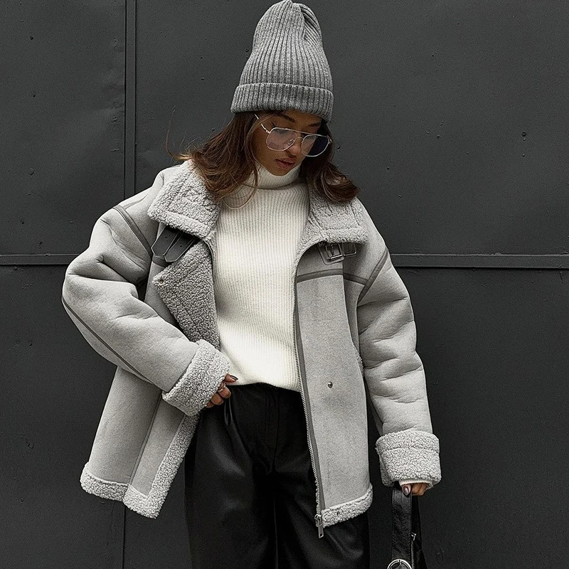 Winter Thicken Lamb Fur Wool Jacket New Splicing Streetwear Motorcycle Biker Coat Women Warmer Sheepskin Loose Outerwear