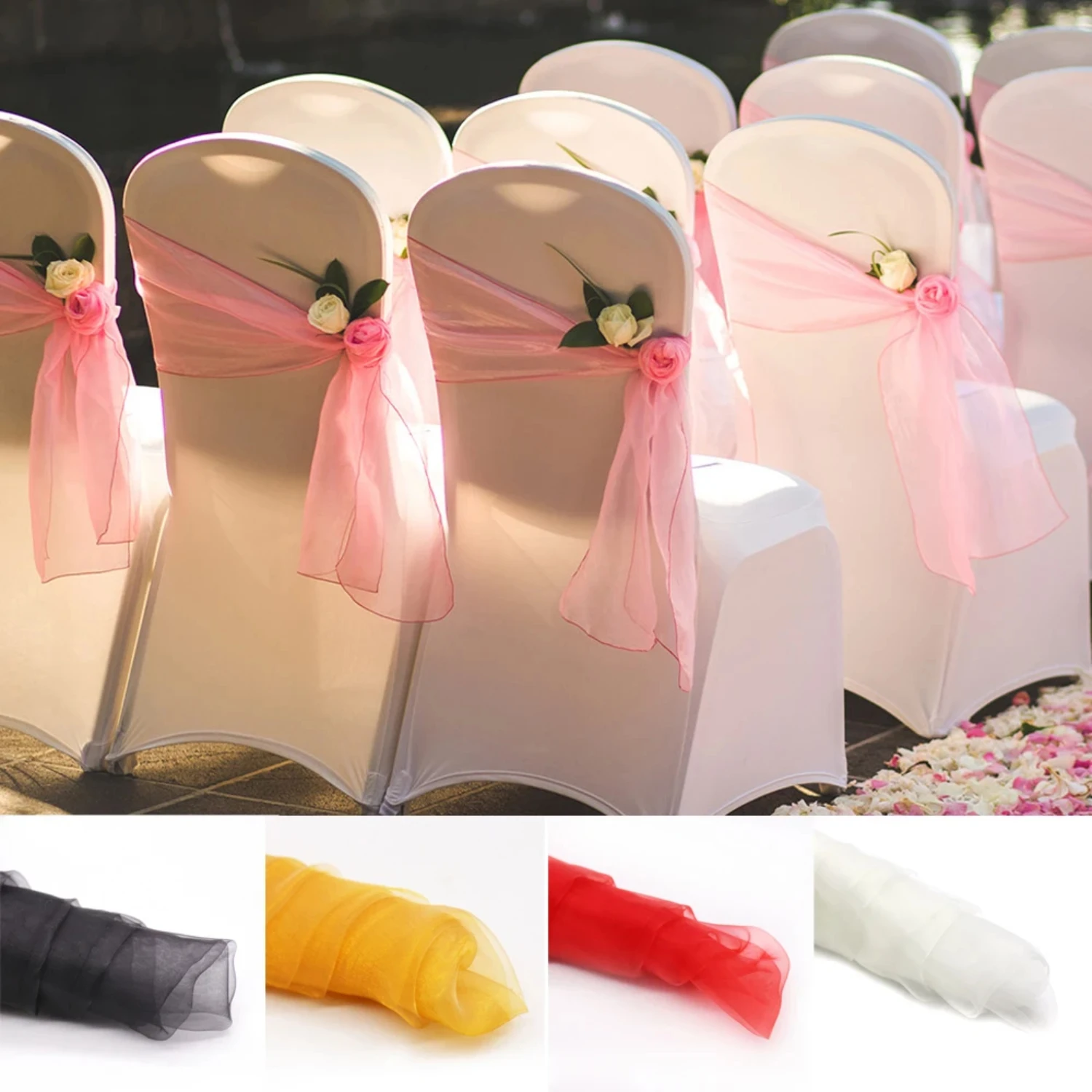 

50pcs Organza Chair Cover Wedding Party Sashes Bow 18x275CM Wedding Chair Knots Ribbon Ties Party Hotel Banquet Decor