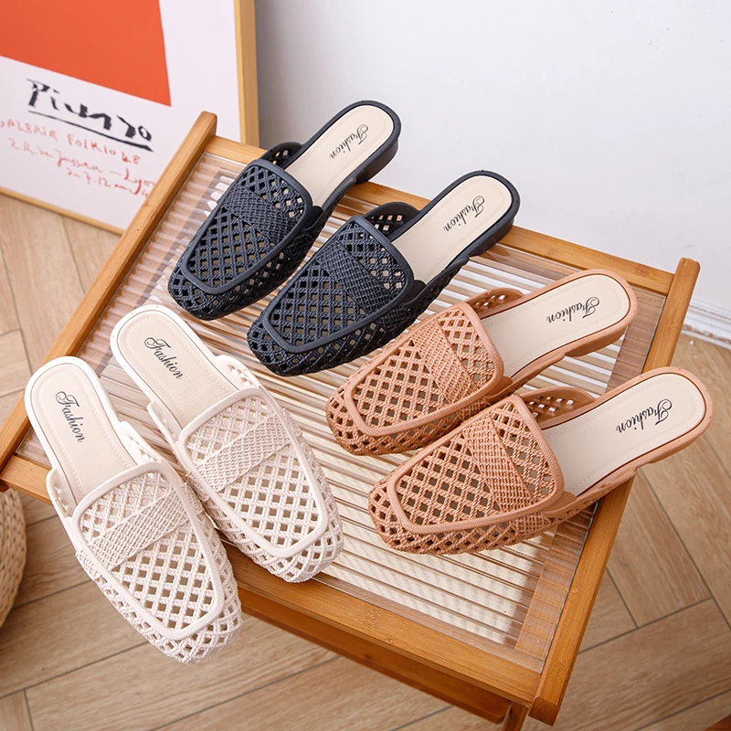 Women's New PVC Half Slippers Summer Fashion Single Shoes Solid Color Leisure Hollow Out Flat Women's Shoes