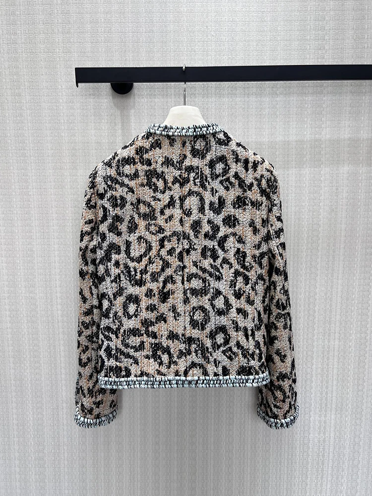 Spring Autumn Fashion Vintage Leopard Coarse Wool Fabric Jackets Women's O-Neck Multi Pocket Straight Barrel Long Sleeve Coat