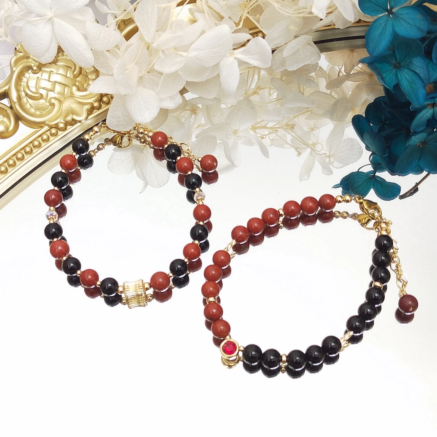 

Lii Ji Red Jasper Black Agate 14K Gold Filled Charms Bracelet Handmade Bohe Fashion Jewelry For Female