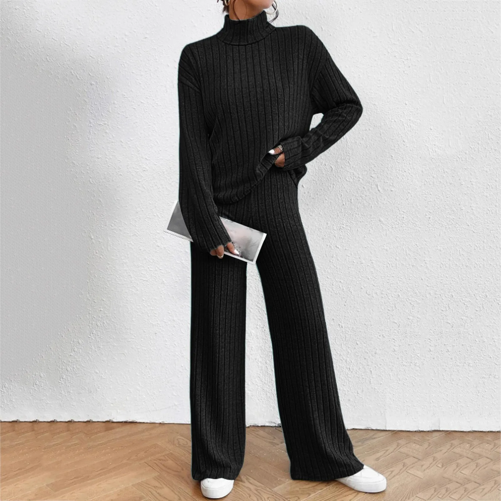 Women\'S Two Piece Knit Matching Outfits Winter Warm Ribbed Turtleneck Sweaters And Wide Leg Pants Tracksuit Sets Pant Suit Pull