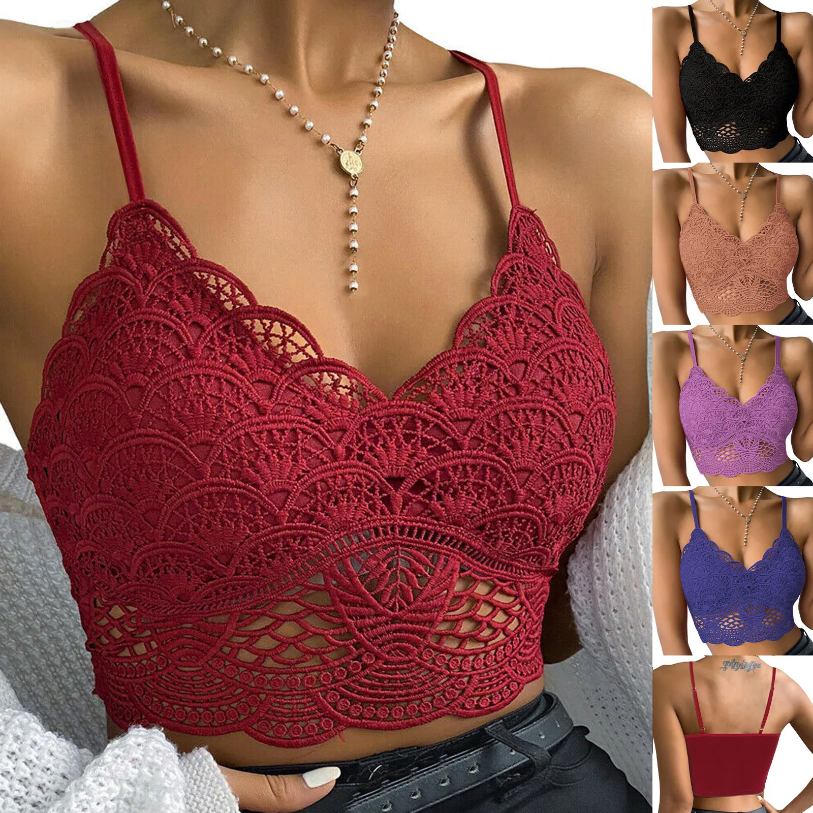 

Women Lace Bra Push Up Crop Tops Solid Wireless Lingerie Sexy V-Neck Hollow Out Camis Bralette Underwear Camisole Haut Femme