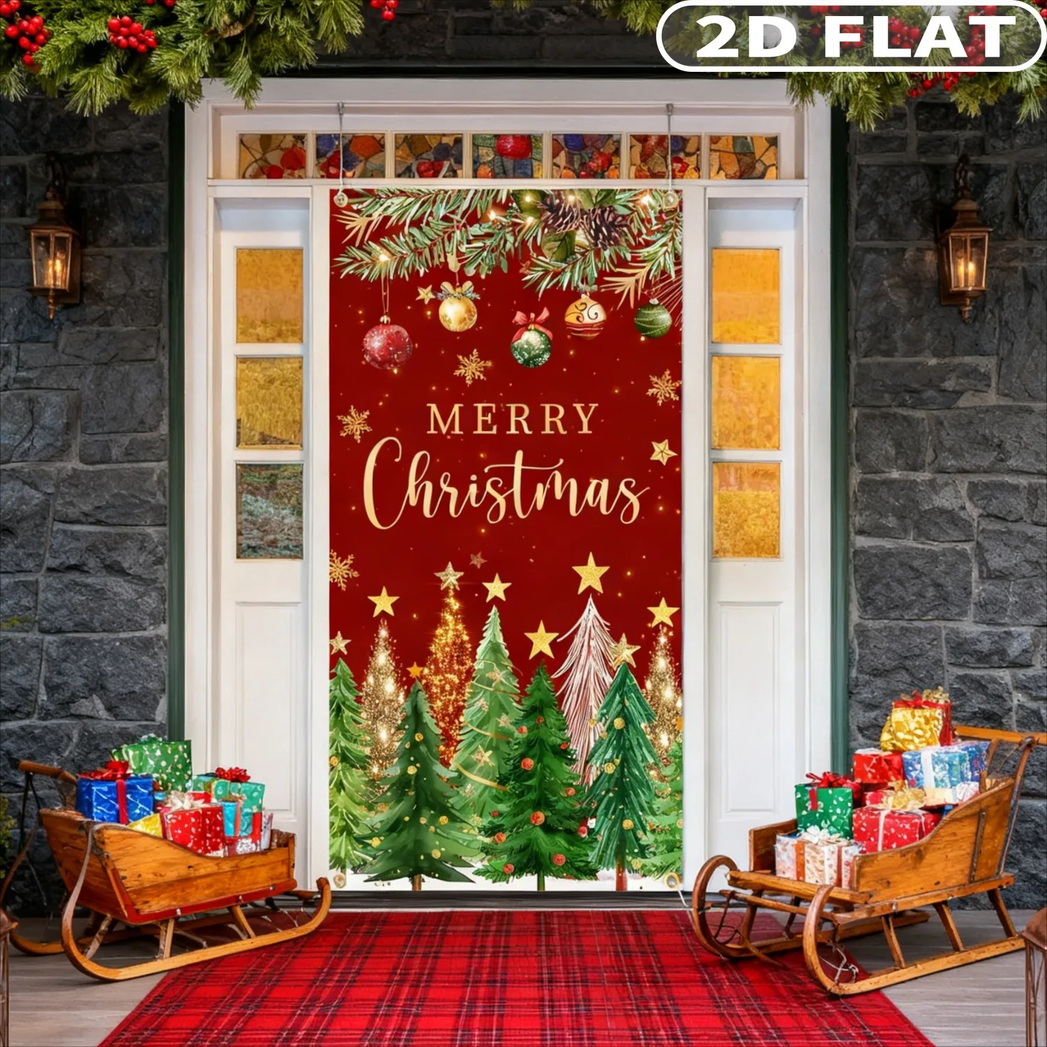 

1pc Red Christmas Tree Door Banner, Christmas Tree Door Cover Red and Green Xmas Door Decorations for Wall Party, Backdrop