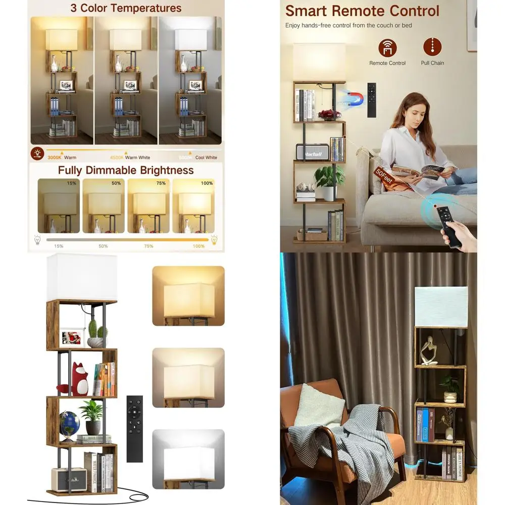 

Dimmable 5-Tier S-Shape Bookshelf Lamp with Shelves, 3-Color Temp, Remote, 1-Hour Timer, Rustic Brown for Rooms