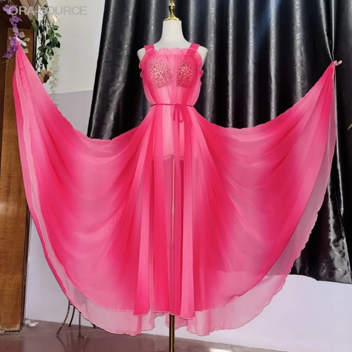 Flowy Sheer Sexy Slip Dress Maxi Long Bohemian Gradient Print French Style Princess Party Evening Gown Elegant Luxury Satin