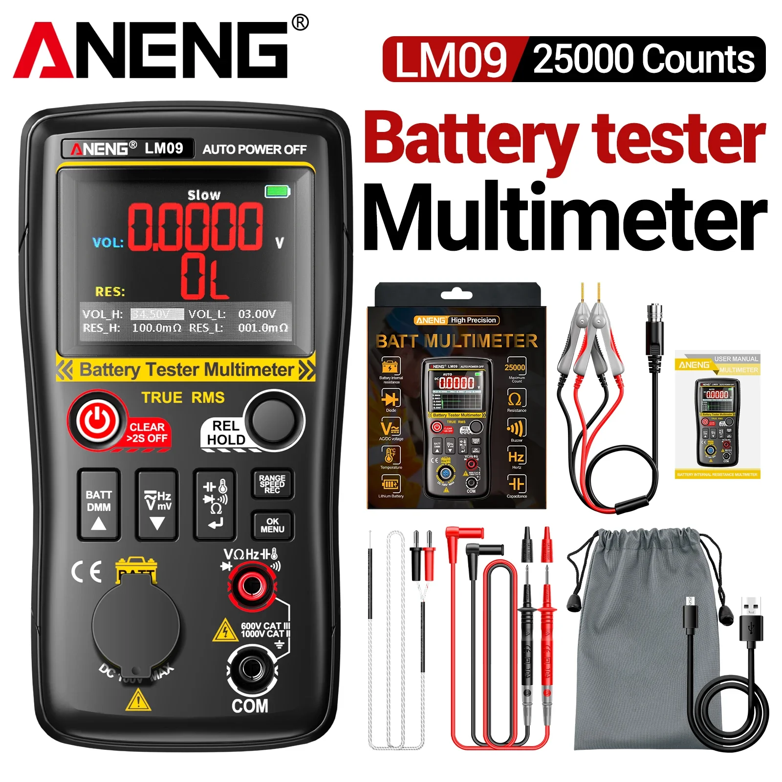 ANENG LM09 Digital Multimeter 25000 Counts AC/DC 1000V Voltage 250MΩ Resistance Battery Internal Resistance Measure Instrument