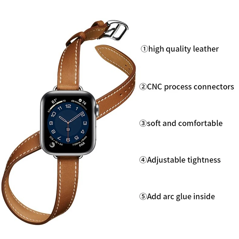 Soft Double Tour Cowhide Leather Strap For Apple Watch Series 9 8 7 6 SE 5 4 38/40/41/42/44/45mm IWatch Ultra 2 49mm Watch Band